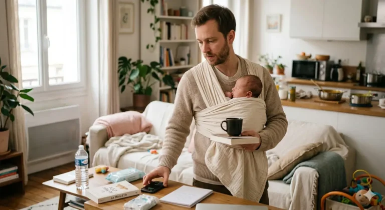 Jeune père fatigué en écharpe de portage gérant la charge mentale et la logistique du post-partum