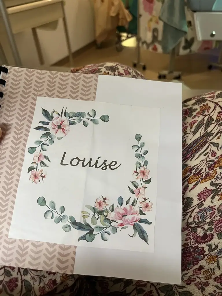 Couverture personnalisée du livre de vie du bébé prématuré Louise en néonatalogie.